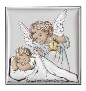 Obrazek aniołek z latarenką nad dzieckiem (kolor). Pamiątka Chrztu Śwętego  - ANGELO LANTERNA